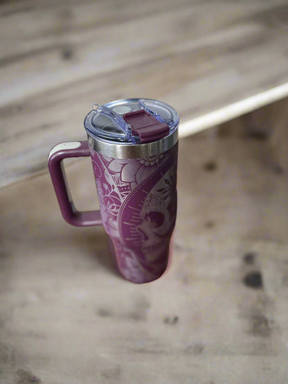 Laser Engraved tribal skull 40 oz tumbler
