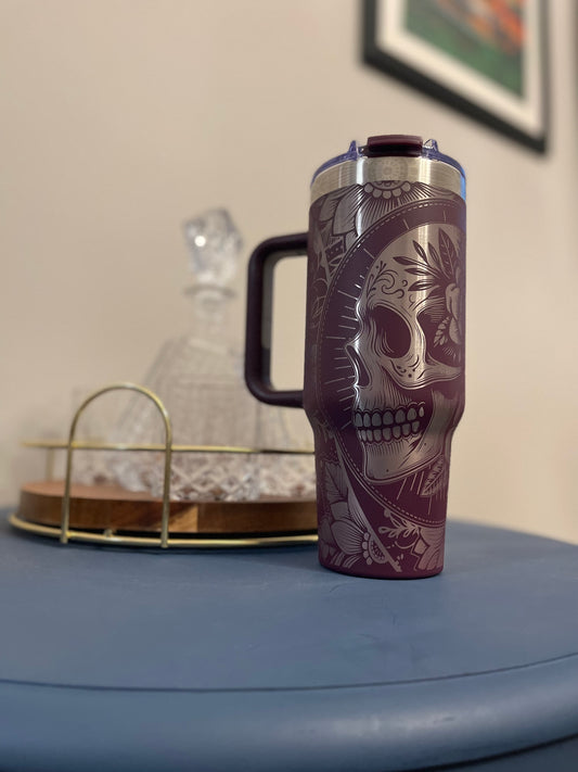 Laser Engraved tribal skull 40 oz tumbler