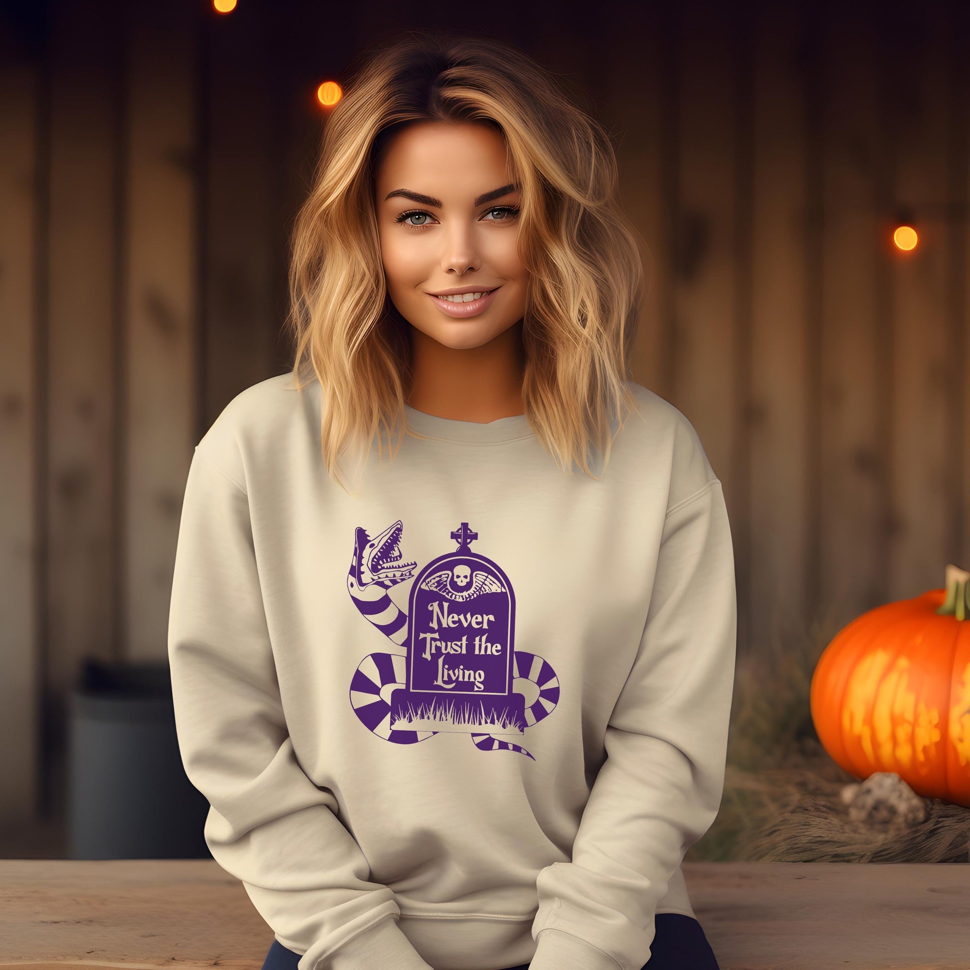 Never Trust the Living sweatshirt, tan sweatshirt, Sand, Fall season, Halloween gear