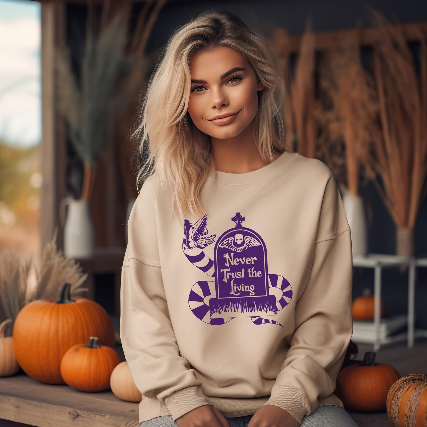 Never Trust the Living sweatshirt, tan sweatshirt, Sand, Fall season, Halloween gear