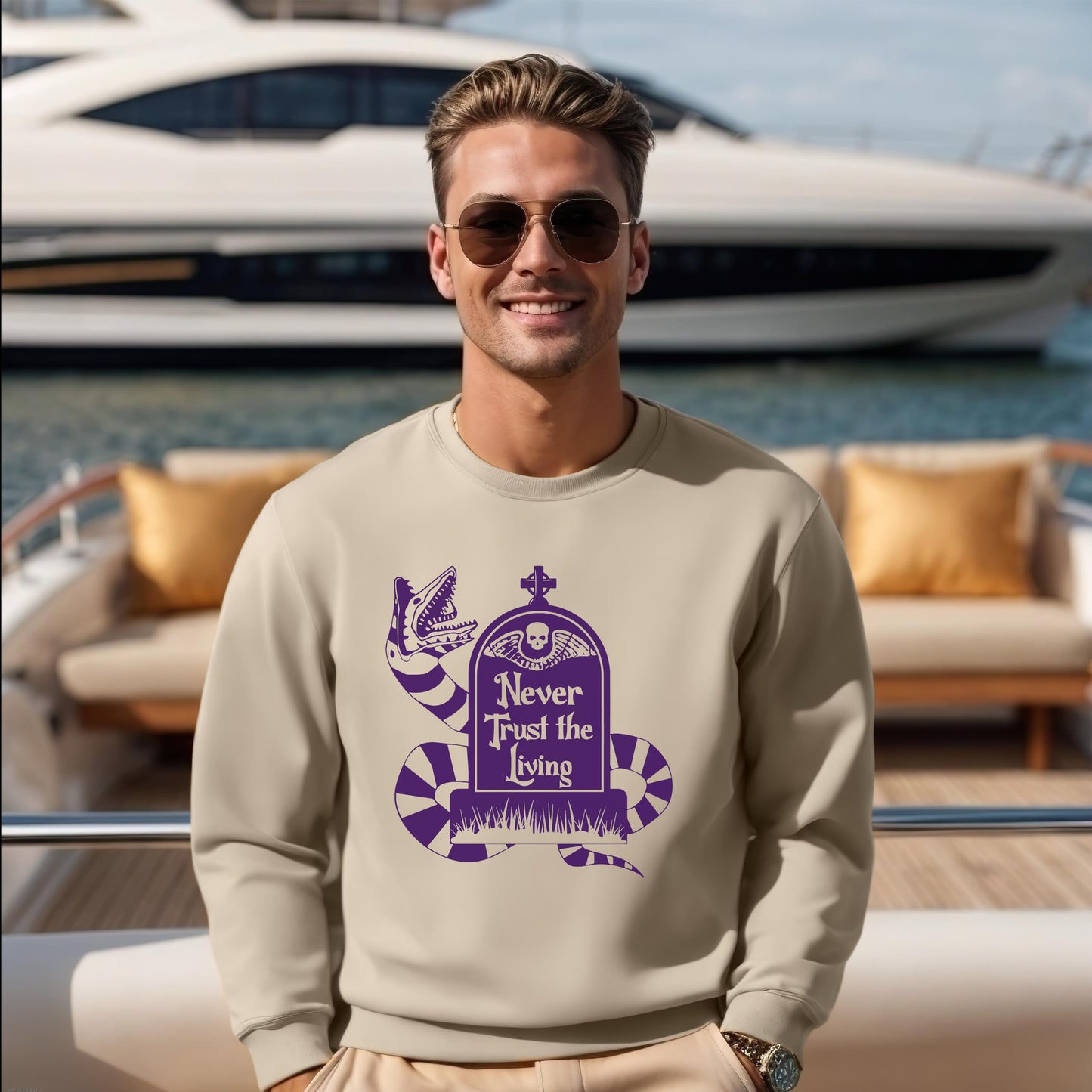 Never Trust the Living sweatshirt, tan sweatshirt, Sand, Fall season, Halloween gear