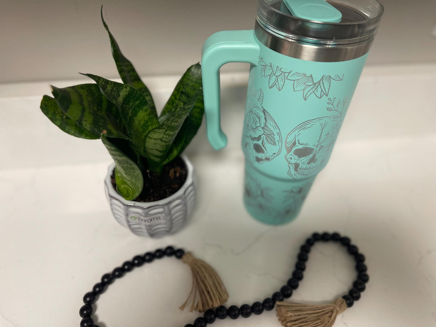 Newly laser engrave powder coated tumbler mug, skull and floral design, skull candy, rose tumbler, add some character at work or school.