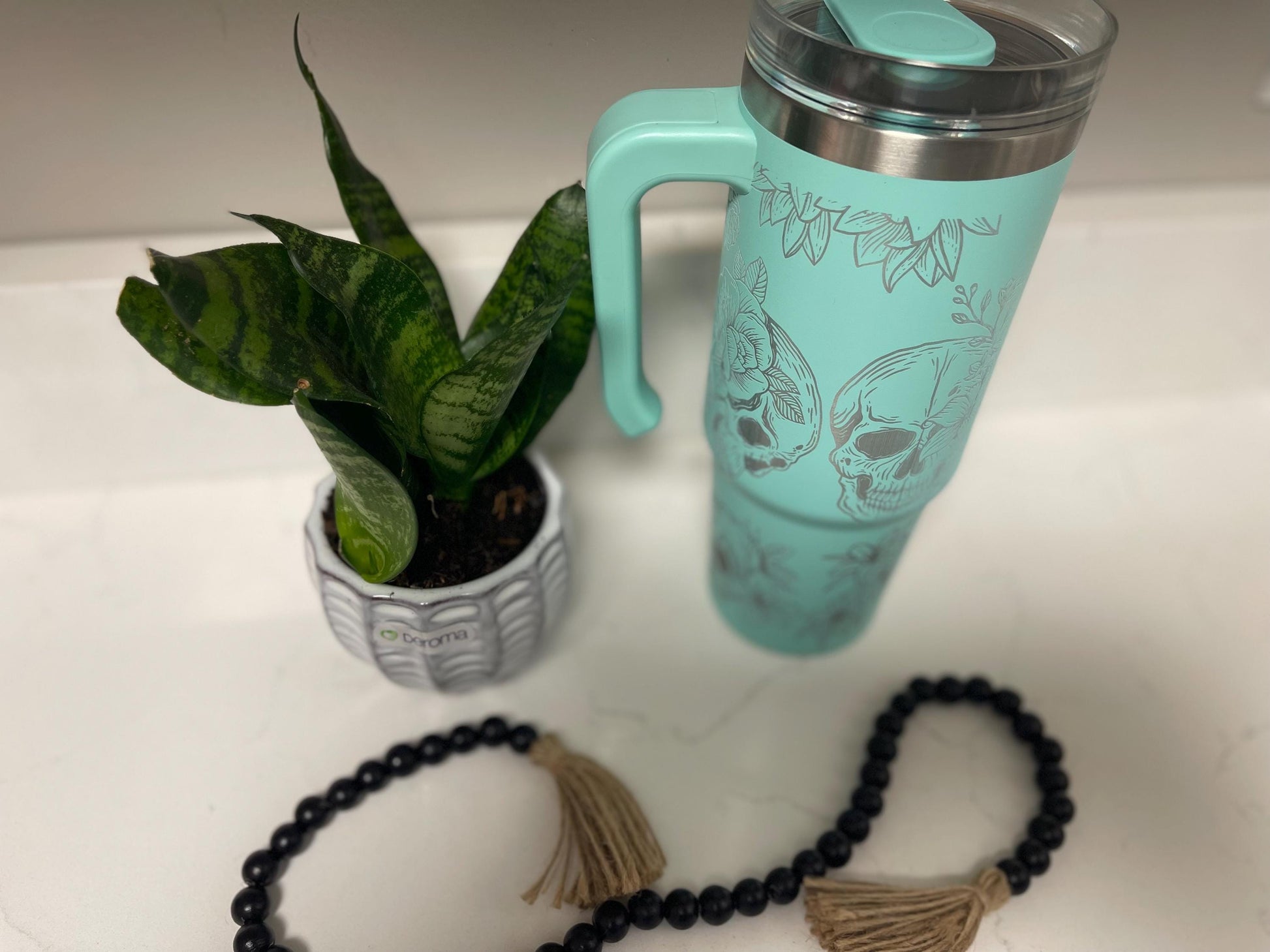 Newly laser engrave powder coated tumbler mug, skull and floral design, skull candy, rose tumbler, add some character at work or school.