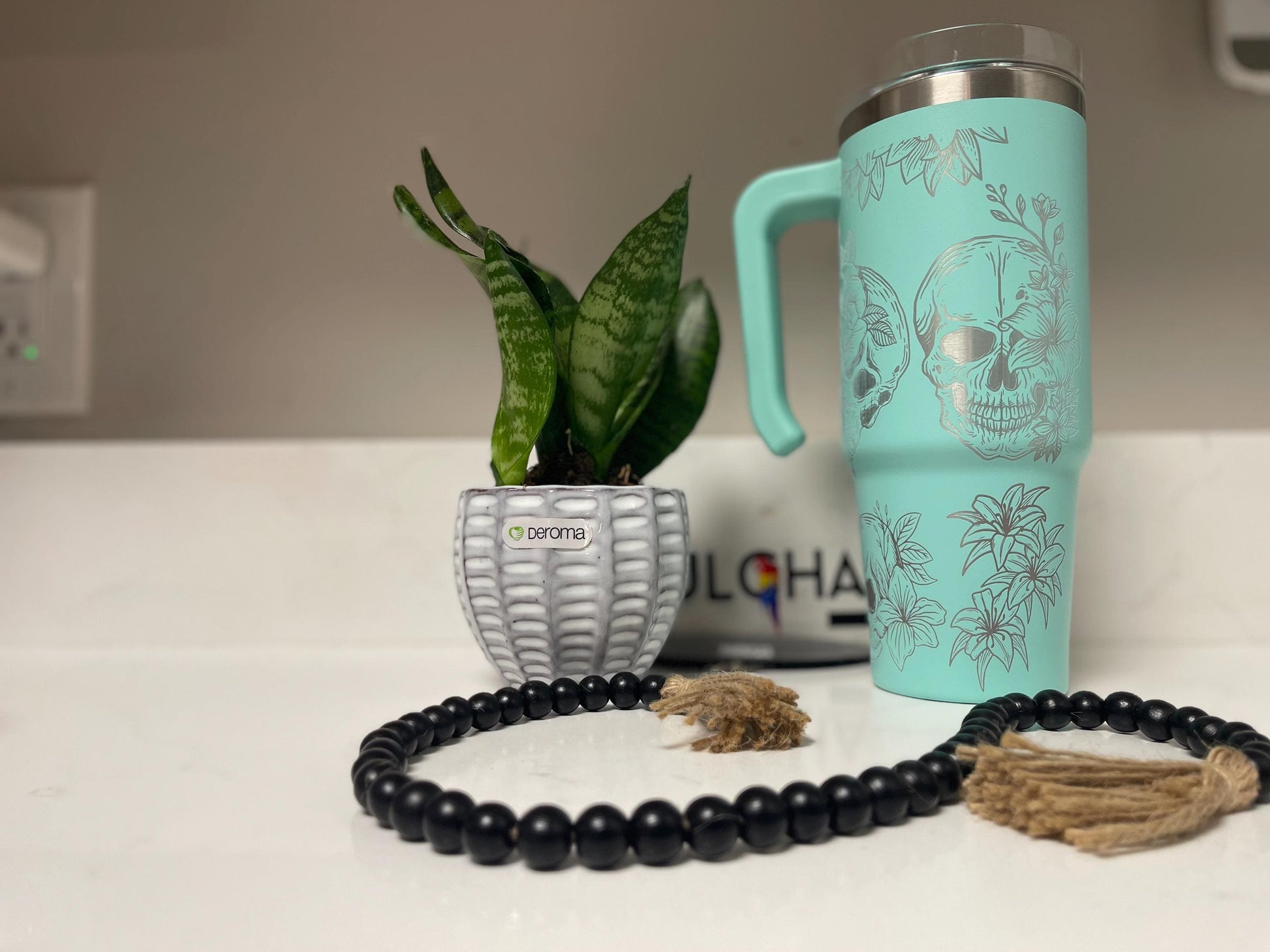 Newly laser engrave powder coated tumbler mug, skull and floral design, skull candy, rose tumbler, add some character at work or school.