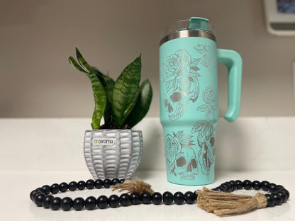 Newly laser engrave powder coated tumbler mug, skull and floral design, skull candy, rose tumbler, add some character at work or school.