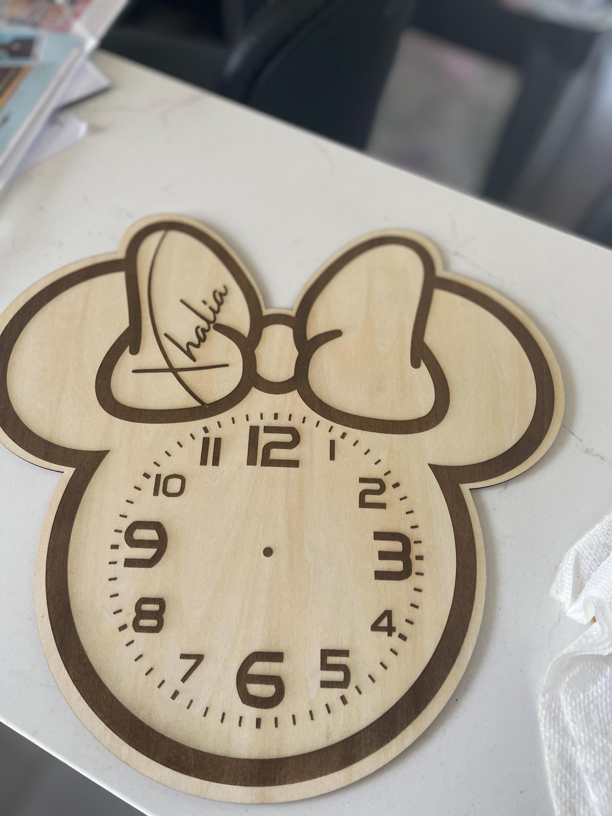 Custom engraved kids wall clock, wall decor kids room, Minnie Bow clock, encourage kids to learn to tell time, customize with name in bow