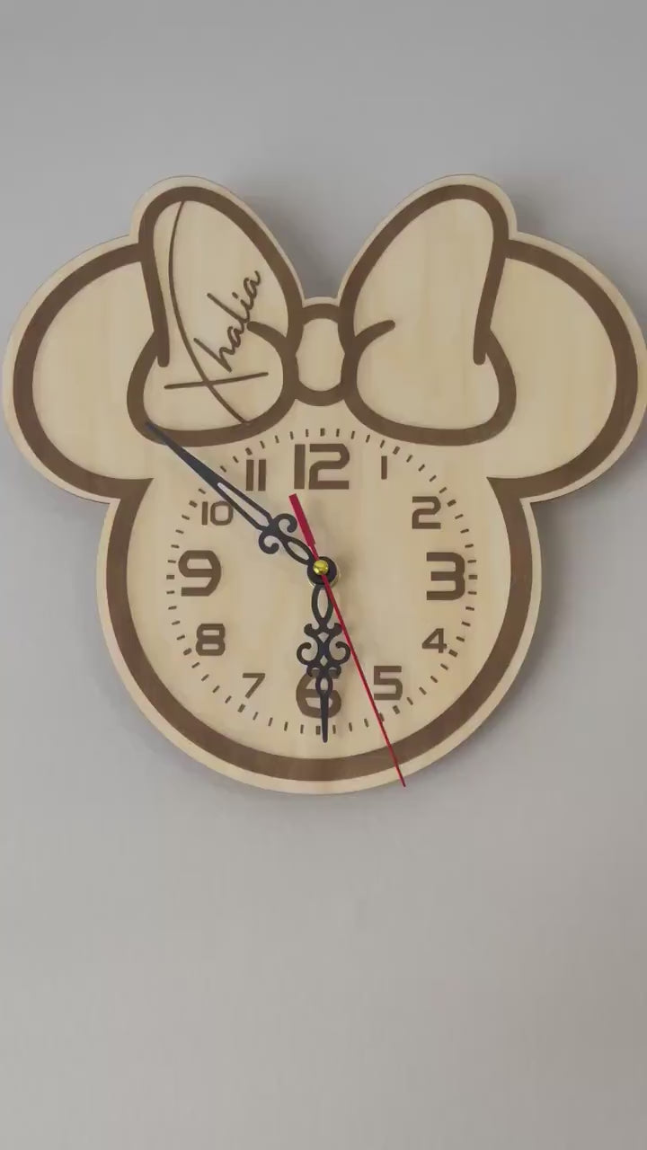 Custom engraved kids wall clock, wall decor kids room, Minnie Bow clock, encourage kids to learn to tell time, customize with name in bow