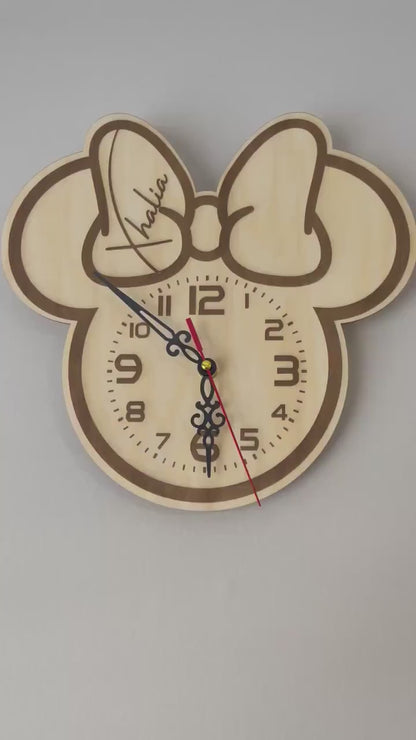 Custom engraved kids wall clock, wall decor kids room, Minnie Bow clock, encourage kids to learn to tell time, customize with name in bow